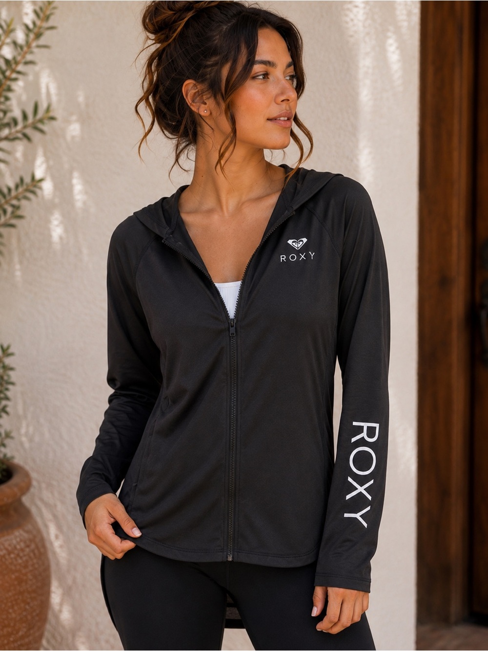 ROXY Black Hooded Full Zip Athletic Jacket Logo Sleeve Women’s Medium